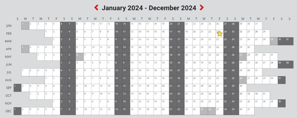 On The Holiday Tracker, public holidays are highlighted in grey.