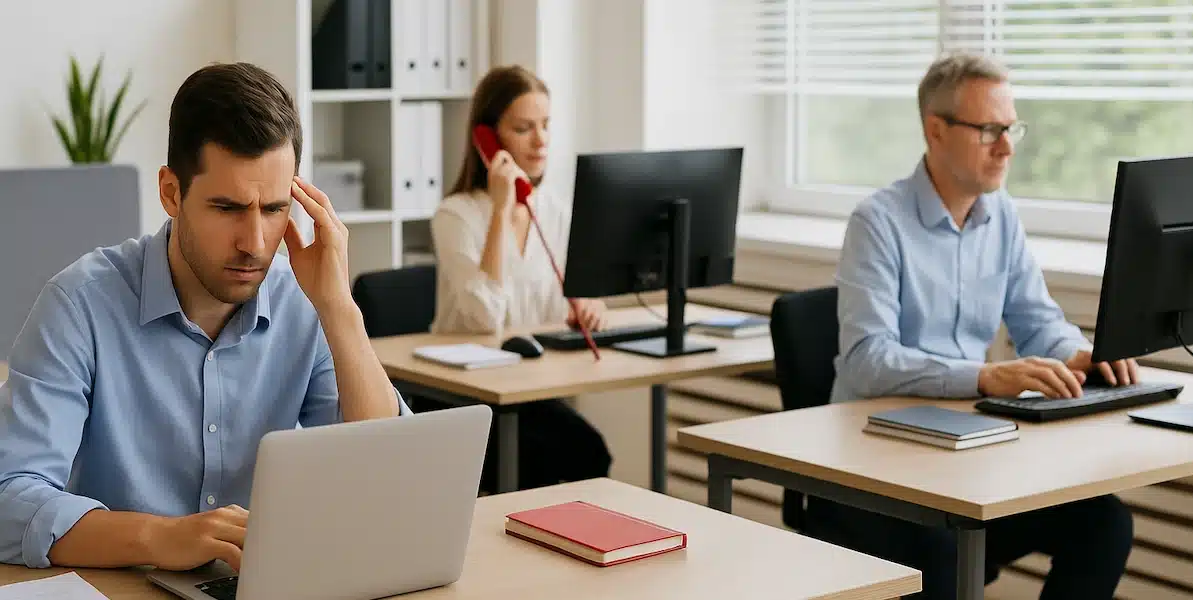 Office team managing staff shortages with one empty desk and busy employees working under pressure
